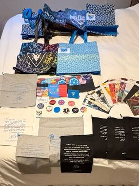 Fluevog Branded lot of Totes, dust bags, stickers, Fluevog posts, and more
